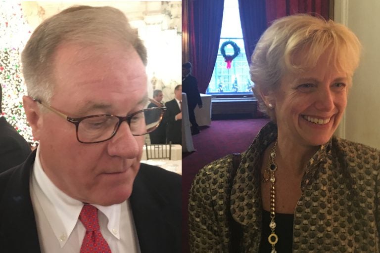 Pennsylvania state Sen. Scott Wagner (left) and Laura Ellsworth, a Pittsburgh attorney, at a Pennsylvania Society event. Both are Republicans running for governor. (Dave Davies/WHYY)
