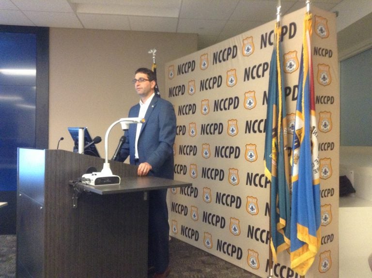Matt Meyer and New Castle County police announce a grant to combat opiate addiction.
(WHYY/Zoe Read)
