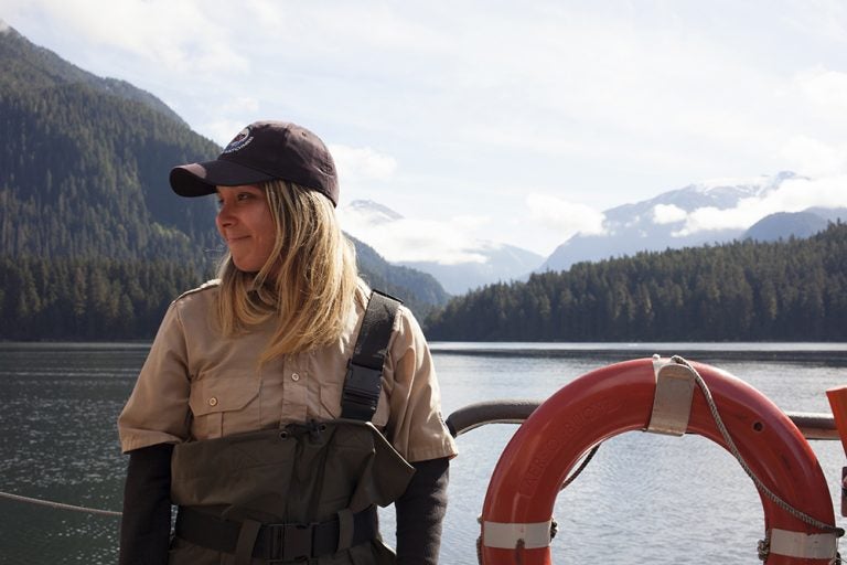 Chantal Pronteau has been a Kitasoo/Xai'xais Coastal Guardian Watchman since 2015. She patrols about 1,500 square miles of inlets on the Canadian coast. (Irina Zhorov/WHYY)