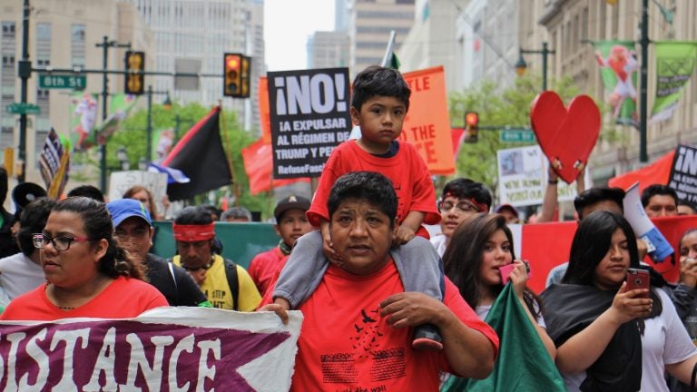 A large contingent of immigrants from Mexico and other Spansih-speaking countries participate in a May Day march in Philadelphia focused on President Donald Trump's immigration policies. (Emma Lee/WHYY)
