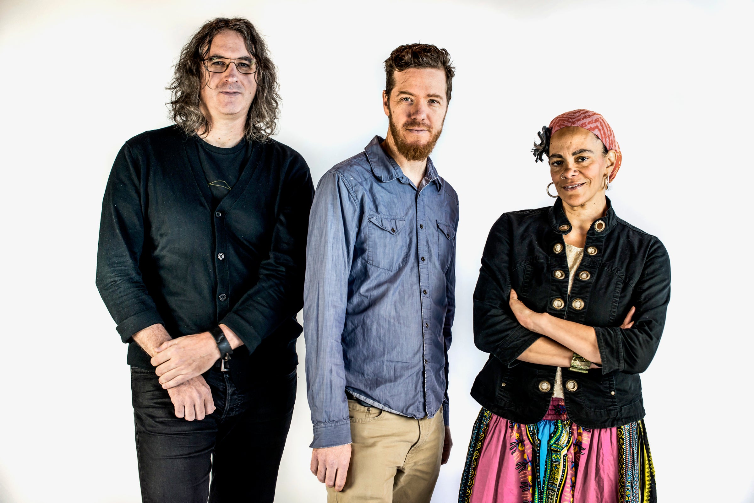 Kimmel Center artist-in-residence Doug Hirlinger (center) is pictured with two of his four collaborators, composer/guitarist Tim Motzer and lyricist/poet Ursula Rucker. 