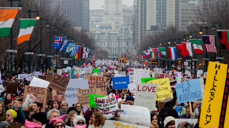 Protesters fill the Ben Franklin Parkway during the Women's March on Philadelphia on Janaury 21, 2017. (Brad Larrison for NewsWorks)