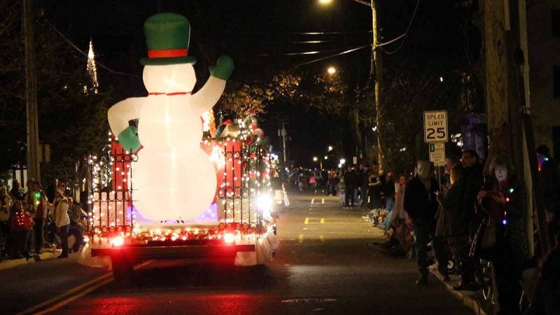 Snowman in the West Cape May Parade on Saturday, Dec 2, 2017. Cape May at night. (Bill Barlow/for WHYY)