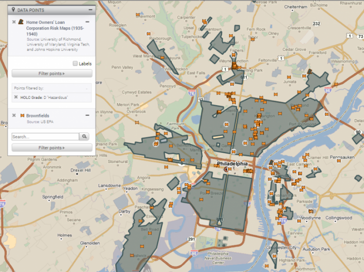 A map shows the concentration of toxic brownfields in redlined sections of Philadelphia. 