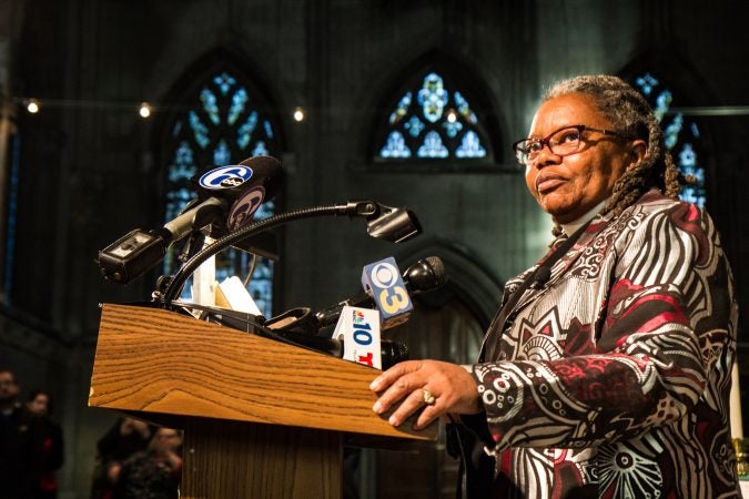 Rev. Renee McKenzie addresses the media and congregation.(Kimberly Paynter/WHYY)