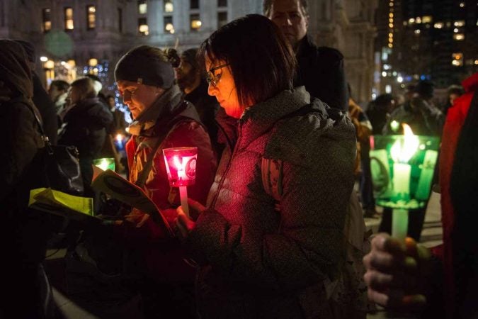 Hundreds of Philadelphians gather at Thomas Paine Plaza to call for more to be done to end homelessness in the region. (Emily Cohen for WHYY)