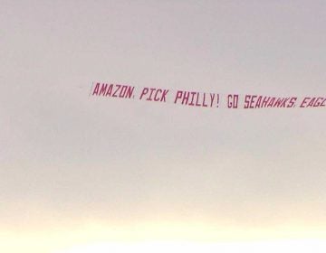 A small plane flew this message around Seattle Friday afternoon as the the Philadelphia Building and Construction Trades Council attempted to increase Philadelphia's chances of being chosen for the new headquarters. (Joshua Morgan)