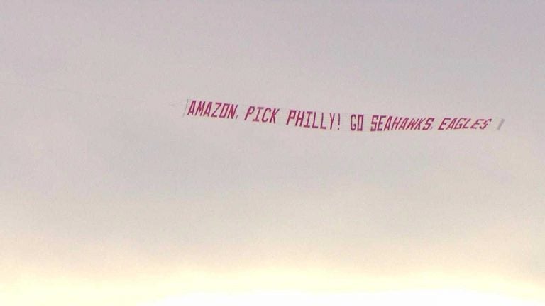 A small plane flew this message around Seattle Friday afternoon as the the Philadelphia Building and Construction Trades Council attempted to increase Philadelphia's chances of being chosen for the new headquarters. (Joshua Morgan)