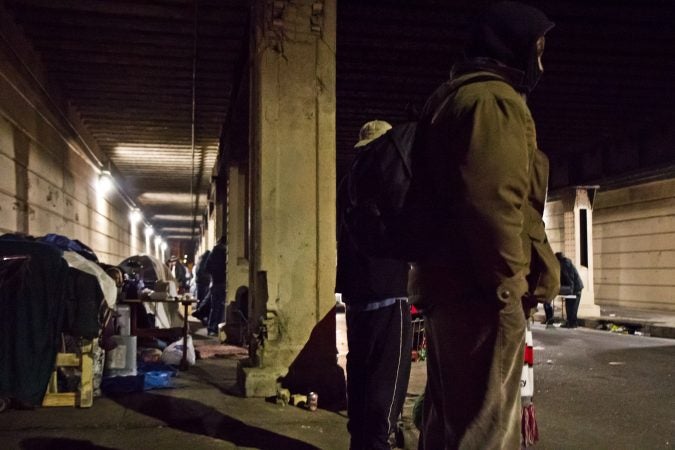 Since the cleanup of the Conrail tracks in Kensington, many living there have moved to live beneath the overpass at Emerald and Lehigh Streets. (Kimberly Paynter/WHYY)