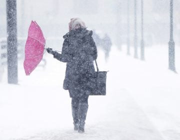 A pedestrian's umbrellas is upset during a winter snowstorm