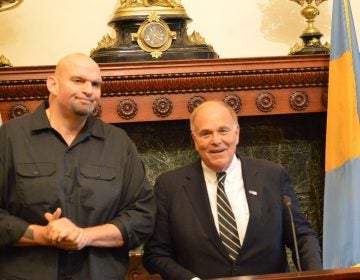 Former Pennsylvania Gov. Ed Rendell and John Fetterman speak at Philadelphia City Hall Monday.