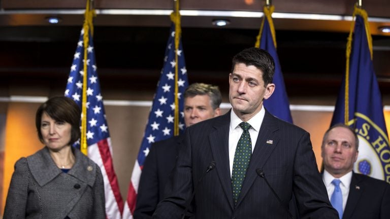 Speaker of the House Paul Ryan, R-Wis., and other lawmakers hold a news conference on Capitol Hill on Dec. 12. House Republicans are pushing toward a stopgap spending bill to keep the government funded through mid-January. (Al Drago/Getty Images)