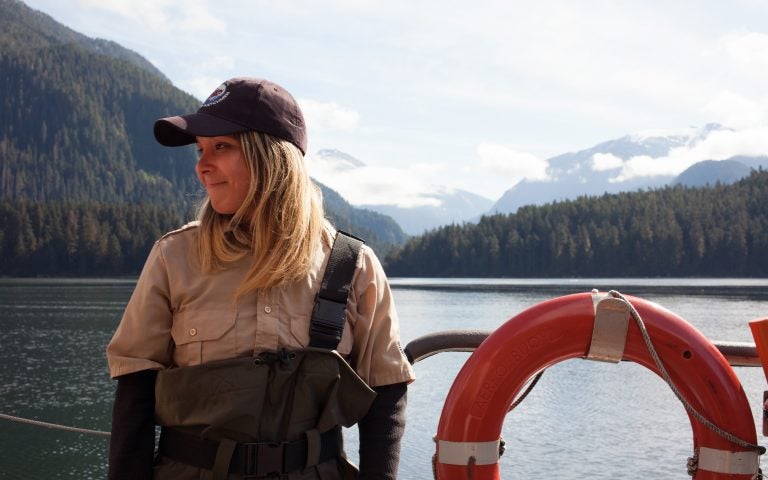 Chantal Pronteau works as a Coastal Guardian Watchman for the Kitasoo/Xai’xais. She stewards the natural resources on the First Nation’s territory, doing everything from monitoring for illegal hunting to educating tourists. (Irina Zhorov/WHYY)