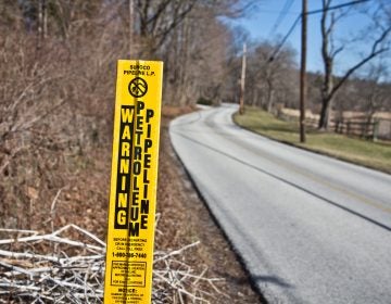 A sign marks the path of the Mariner East 1 pipeline through Chester County. (Kimberly Paynter/WHYY)