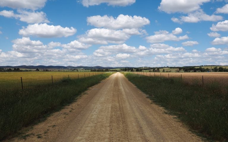 The road leading to Ian McLennan's 5,000-acre farm. (Kate Golden/for WHYY)