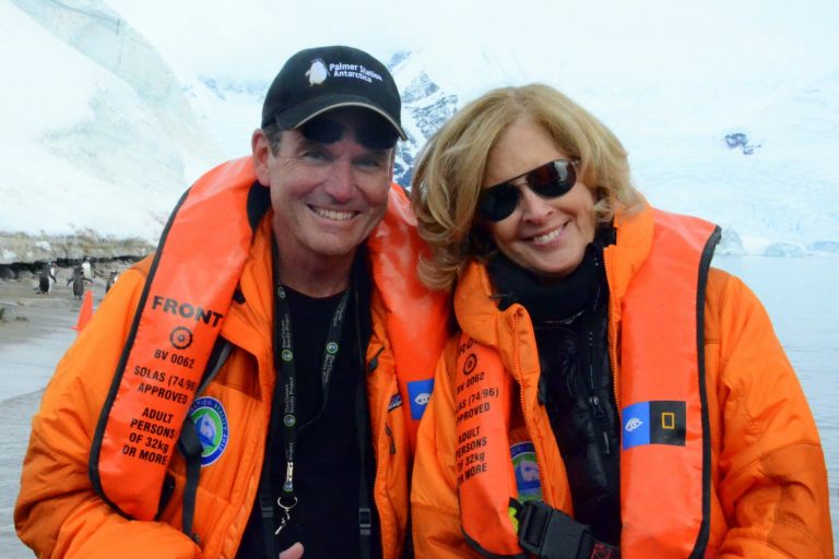 Scott Wallace and his wife, Christy, pose for a photo during a trip to Antarctica.