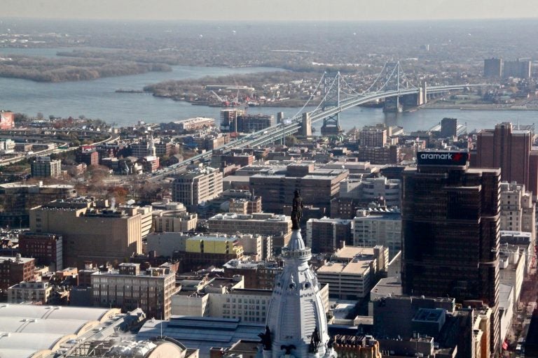 The Ben Franklin Bridge crosses the Delaware River between Philadelphia and Camden. Salt levels are increasing in Philadelphia's rivers.