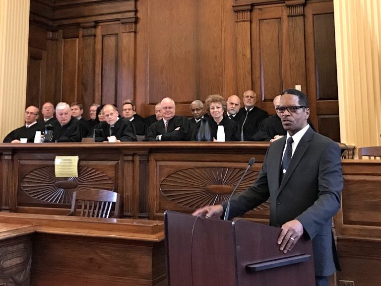 Jerry L. Sanders Jr. speaks after being sworn in as Delaware County Sheriff at an induction ceremony in Media. Sanders was part of a wave of Democrats elected last year, reflecting a demographic change in the former Republican stronghold.