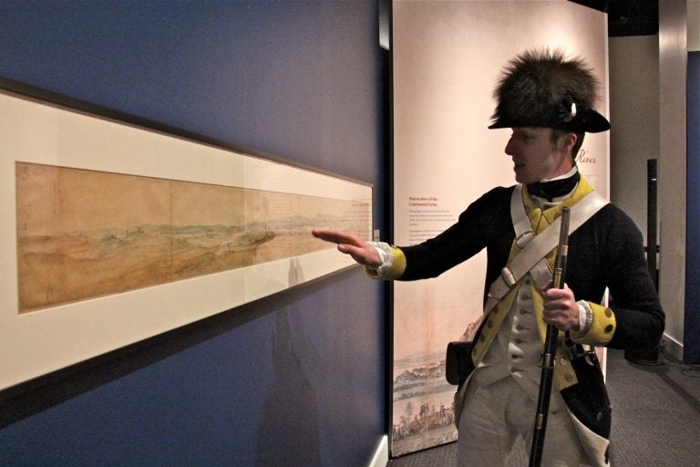 Museum of the American Revolution educator Dan Center identifies landmarks in a 7-foot-long painting by Pierre L'Enfant. It is the only known depiction of George Washington's headquarters tent in use in the field.