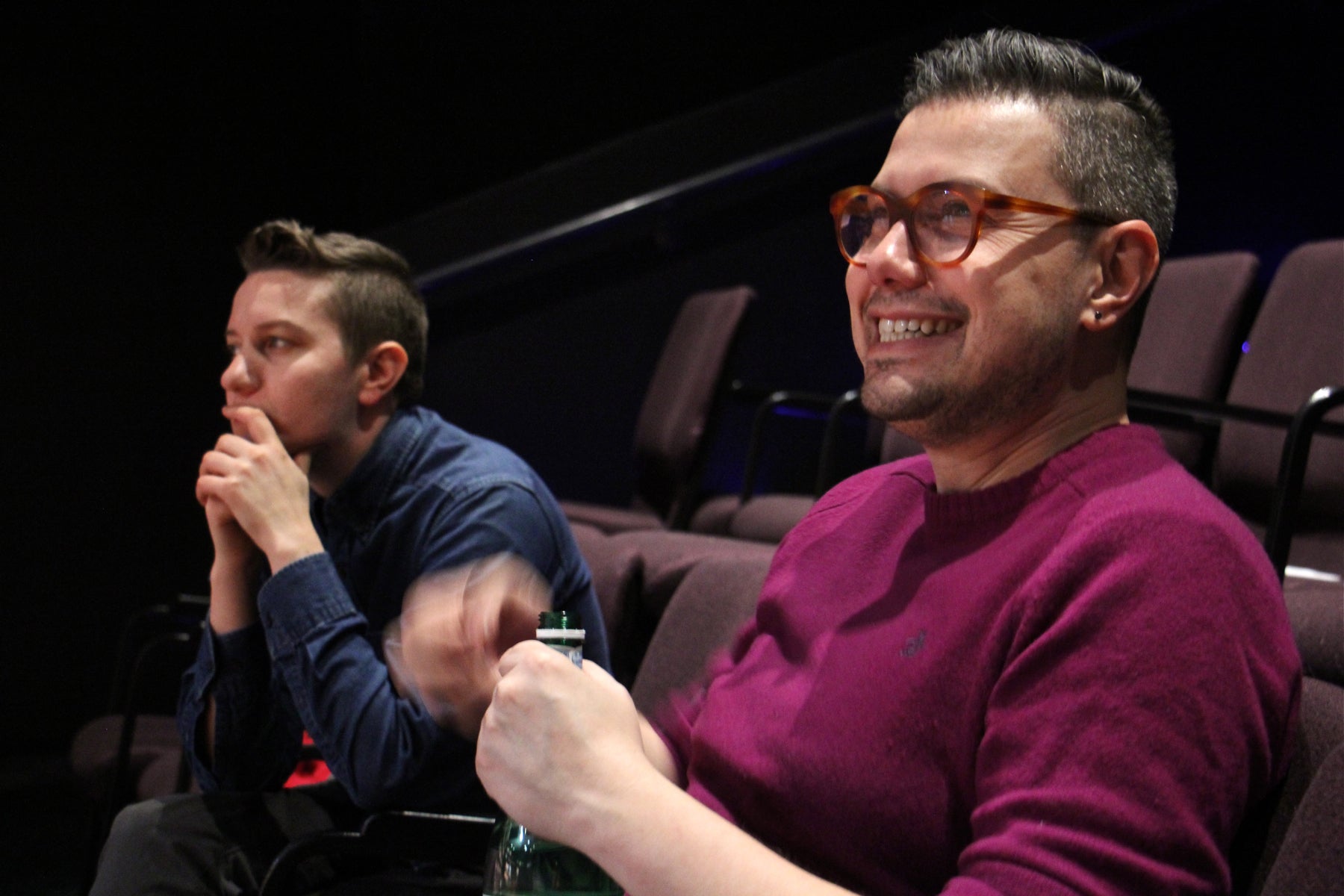 MJ Kaufman (left), author of "Sensitive Guys," watches rehearsal with director Evren Odcikin.