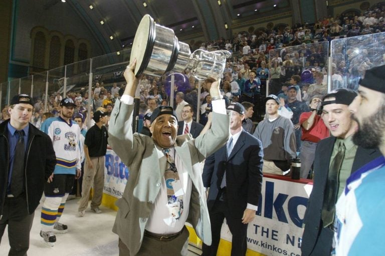 Art Dorrington, former Sea Gull, hoists the Kelly Cup after the Boardwalk Bullies won game 5 of the East Coast Hockey League's championship series at Boardwalk Hall in Atlantic City on May 14, 2003.