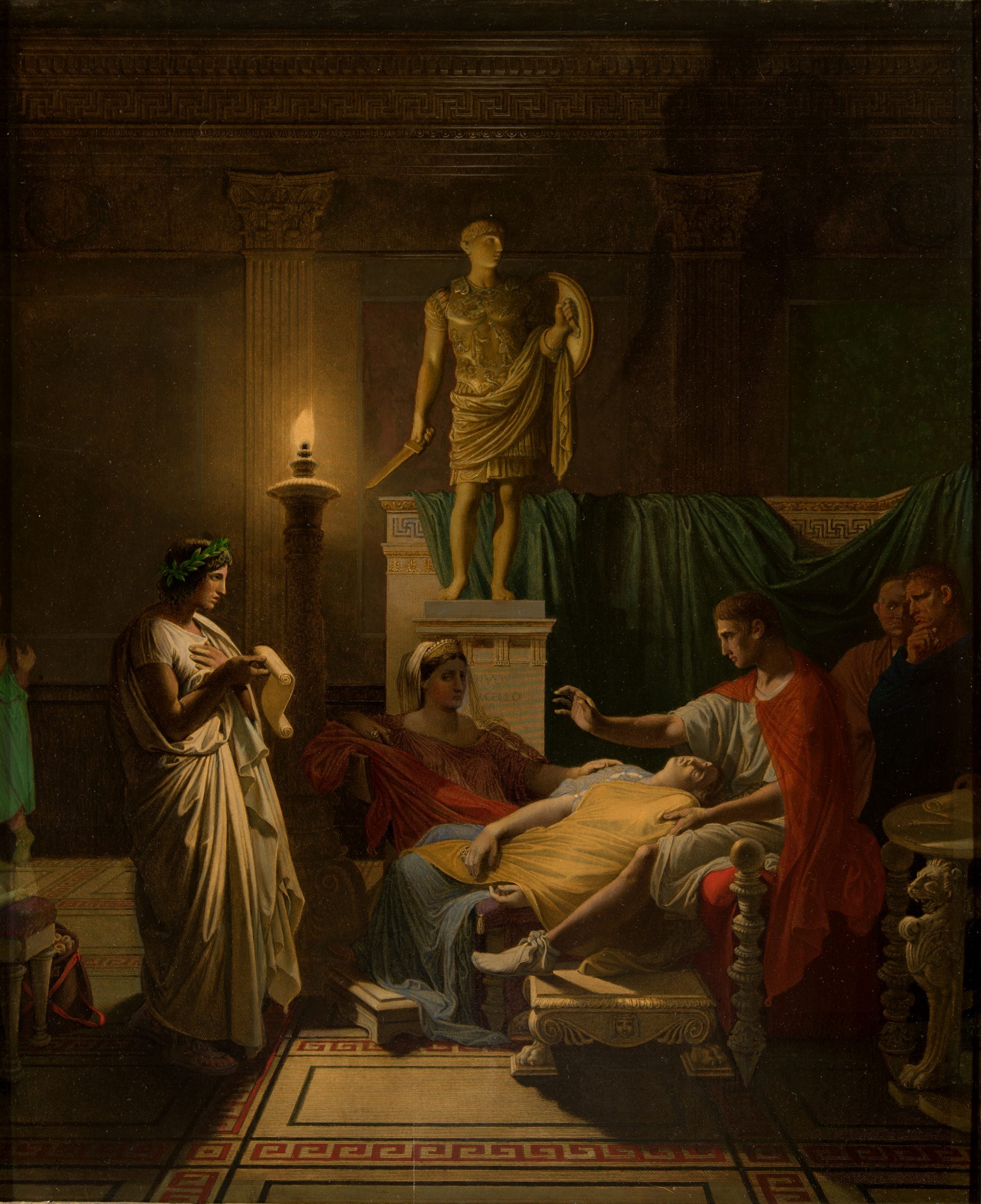 Ingres, Jean-Auguste-Dominique (1780-1867, French); Virgil Reading the Aeneid Before Augustus; 1865; Oil over print, engraving by Charles-Simon Pradier (French engraver, 1783-1847); (window opening) 23 1/2" x 19 1/4"; Collection of La Salle University Art Museum