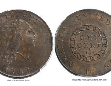 This composite photo provided by Heritage Auctions shows a 1793 cent made by the U.S. mint in Philadelphia.  (Heritage Auctions via AP)