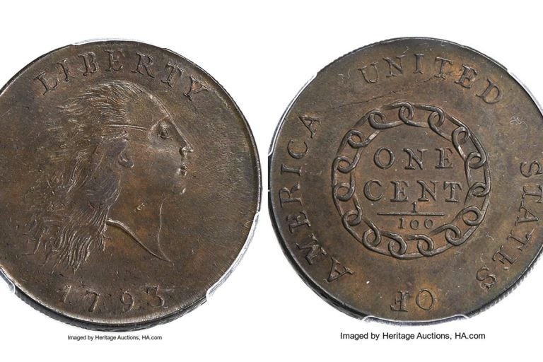 This composite photo provided by Heritage Auctions shows a 1793 cent made by the U.S. mint in Philadelphia.  (Heritage Auctions via AP)