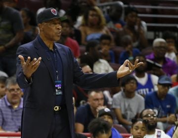 This July 16, 2017 photo pictures Tri State coach Julius Erving questioning a call during a game against 3's Company during in the BIG3 Basketball League in Philadelphia, Pa. Erving fell ill at the Philadelphia 76ers' game Friday night and was taken to a hospital. (Rich Schultz/AP Photo)