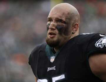 Philadelphia Eagles' Lane Johnson is seen during the second half of an NFL football game against the Denver Broncos, Sunday, Nov. 5, 2017, in Philadelphia.