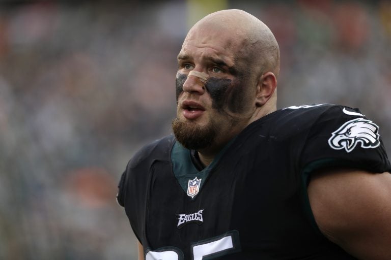 Philadelphia Eagles' Lane Johnson is seen during the second half of an NFL football game against the Denver Broncos, Sunday, Nov. 5, 2017, in Philadelphia.