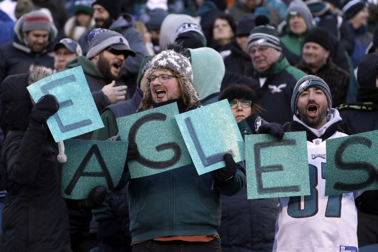 Philadelphia Eagles' fans cheer before an NFL divisional playoff football game against the Atlanta Falcons, Saturday, Jan. 13, 2018, in Philadelphia.