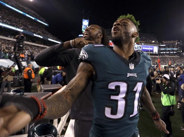 Philadelphia Eagles' Jalen Mills celebrates during the second half of the NFL football NFC championship game against the Minnesota Vikings Sunday, Jan. 21, 2018, in Philadelphia. (AP Photo/Michael Perez)