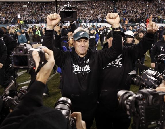 Philadelphia Eagles head coach Doug Pederson reacts after the NFL football NFC championship game against the Minnesota Vikings Sunday, Jan. 21, 2018, in Philadelphia. The Eagle won 38-7 to advance to Super Bowl LII. (AP Photo/Patrick Semansky)