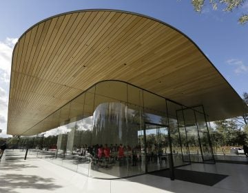 Shown is an exterior view of the Apple Park Visitor Center during its grand opening Friday, Nov. 17, 2017, in Cupertino, Calif. (Eric Risberg/AP Photo)