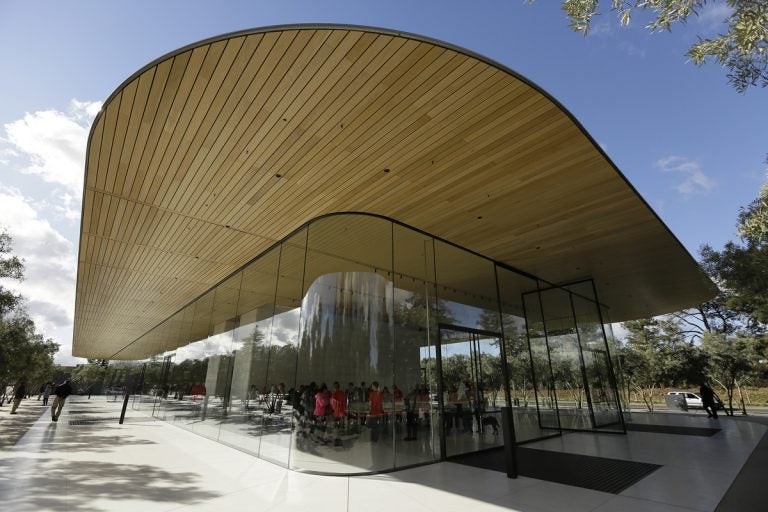 Shown is an exterior view of the Apple Park Visitor Center during its grand opening Friday, Nov. 17, 2017, in Cupertino, Calif. (Eric Risberg/AP Photo)