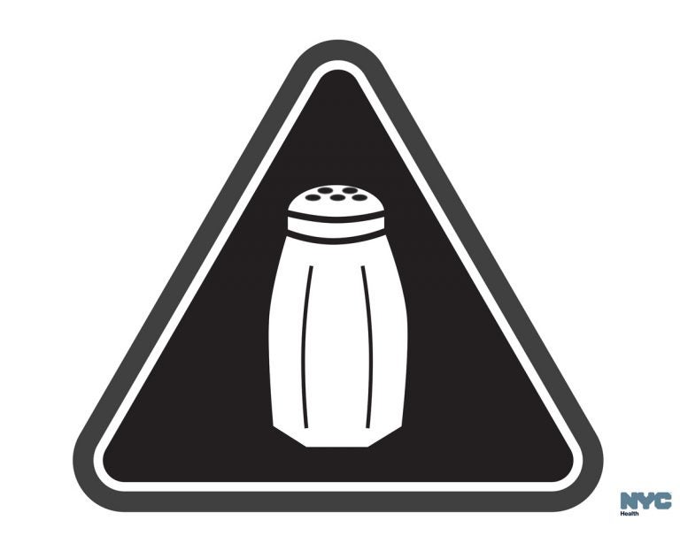 In this undated image provided by the New York City Health Department, a graphic warning New York city consumers of high salt content in foods required on menus at many fast-food and chain restaurants is shown. New York City plans to start enforcing a first-of-its-kind requirement for warning icons on salty chain restaurant foods on June 6, 2016, after getting an appeals court's go-ahead to start issuing fines. (Antonio D'Angelo/New York City Health Department via AP)