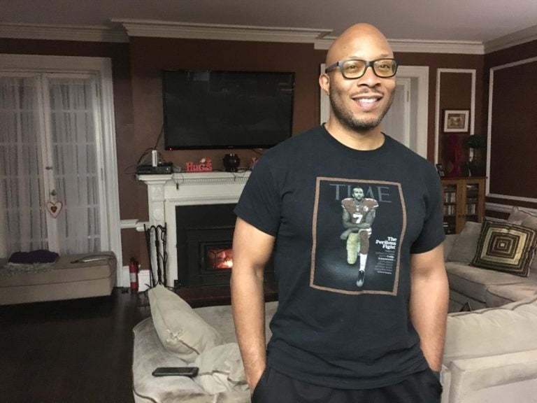 Herman Douglas wears a Colin Kaepernick T-shirt to show his support for the former NFL quarterback turned activist. (Darryl Murphy/for WHYY)