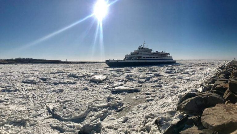 A Cape May-Lewes Ferry boat crosses an icy Delaware Bay. (photo courtesy DRBA)