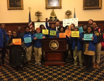 Kids from the KIPP Philadelphia Charter Network rally at City Hall Tuesday. (Avi Wolfman-Arent/WHYY)