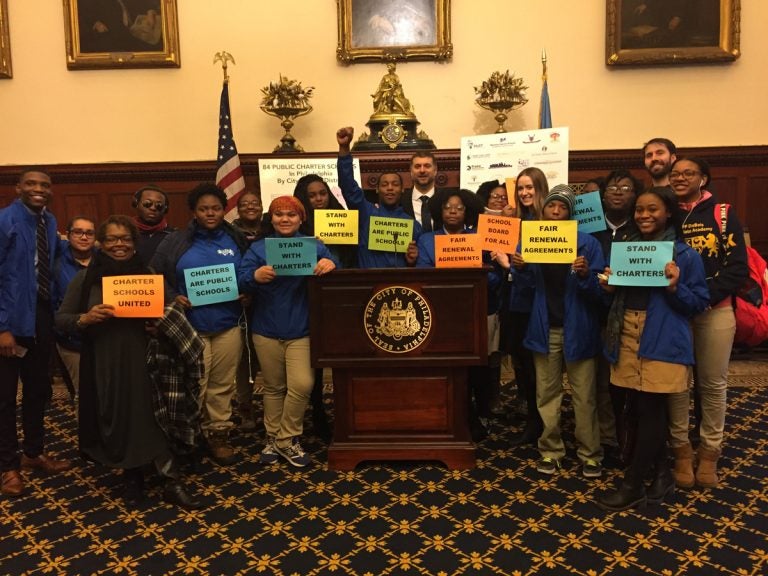 Kids from the KIPP Philadelphia Charter Network rally at City Hall Tuesday. (Avi Wolfman-Arent/WHYY)