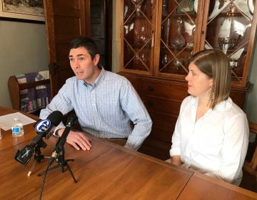 Stewart Greenleaf Jr., a Republican attorney, announces he will run for the 12th District state Senate seat his father will vacate; his wife Heather by his side. (Dana DiFilippo/WHYY)