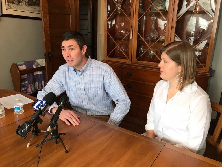 Stewart Greenleaf Jr., a Republican attorney, announces he will run for the 12th District state Senate seat his father will vacate; his wife Heather by his side. (Dana DiFilippo/WHYY)