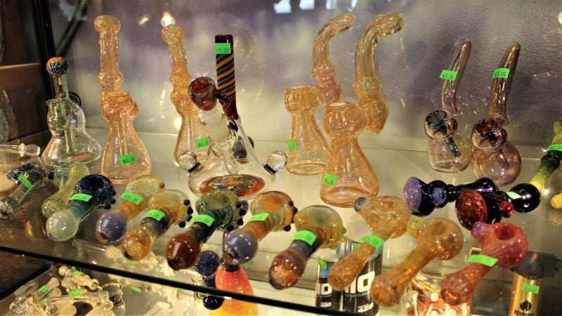 Glass pipes on display. (Bill Barlow/for WHYY)