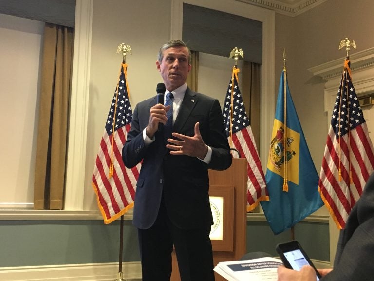 Delaware Gov. John Carney presents his FY 2019 budget to state lawmakers at the Delaware Public Archives in Dover. (Mark Eichmann/WHYY)