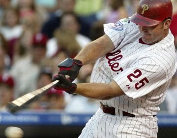 Philadelphia Phillies' Jim Thome strikes out against New York Mets starting pitcher Al Leiter in the second inning Tuesday, July 6, 2004, in Philadelphia. (Credit: Associated Press)