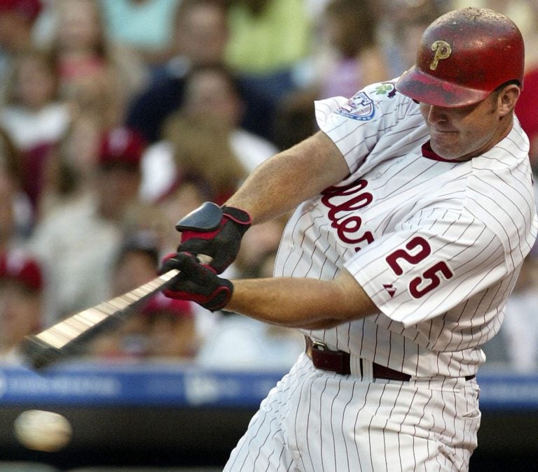 Philadelphia Phillies' Jim Thome strikes out against New York Mets starting pitcher Al Leiter in the second inning Tuesday, July 6, 2004, in Philadelphia. (Credit: Associated Press)