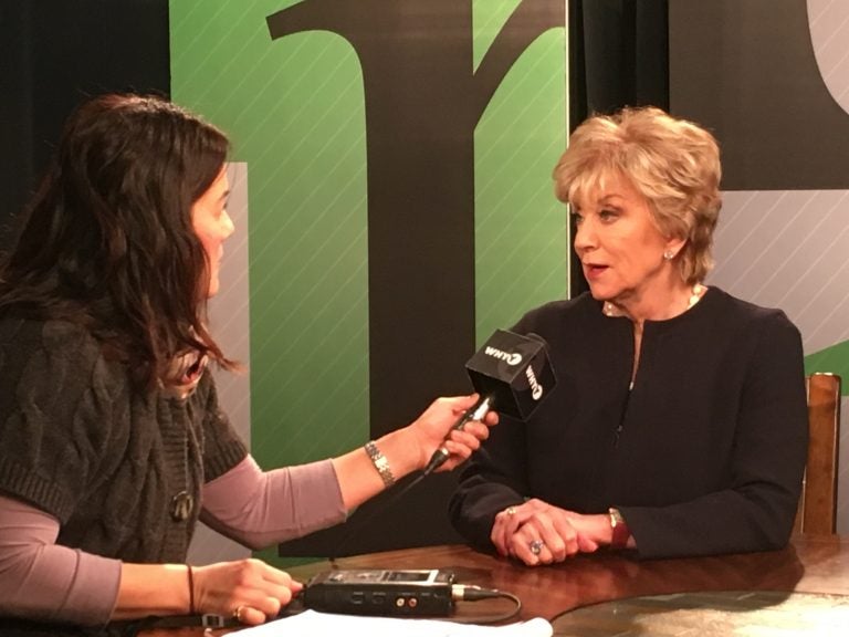 SBA Administrator Linda McMahon answers a question in WHYY's Wilmington studio during an interview Tuesday.