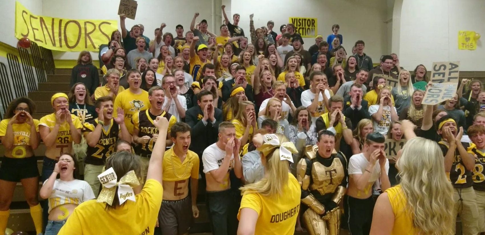 Titusville High School seniors scream during a spirit game at the homecoming pep rally (Kevin McCorry/Keystone Crossroads)