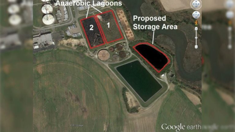 This map provided by DNREC shows the area Mountaire Farms wants to store additional sludge. (GoogleEarth photo courtesy DNREC)